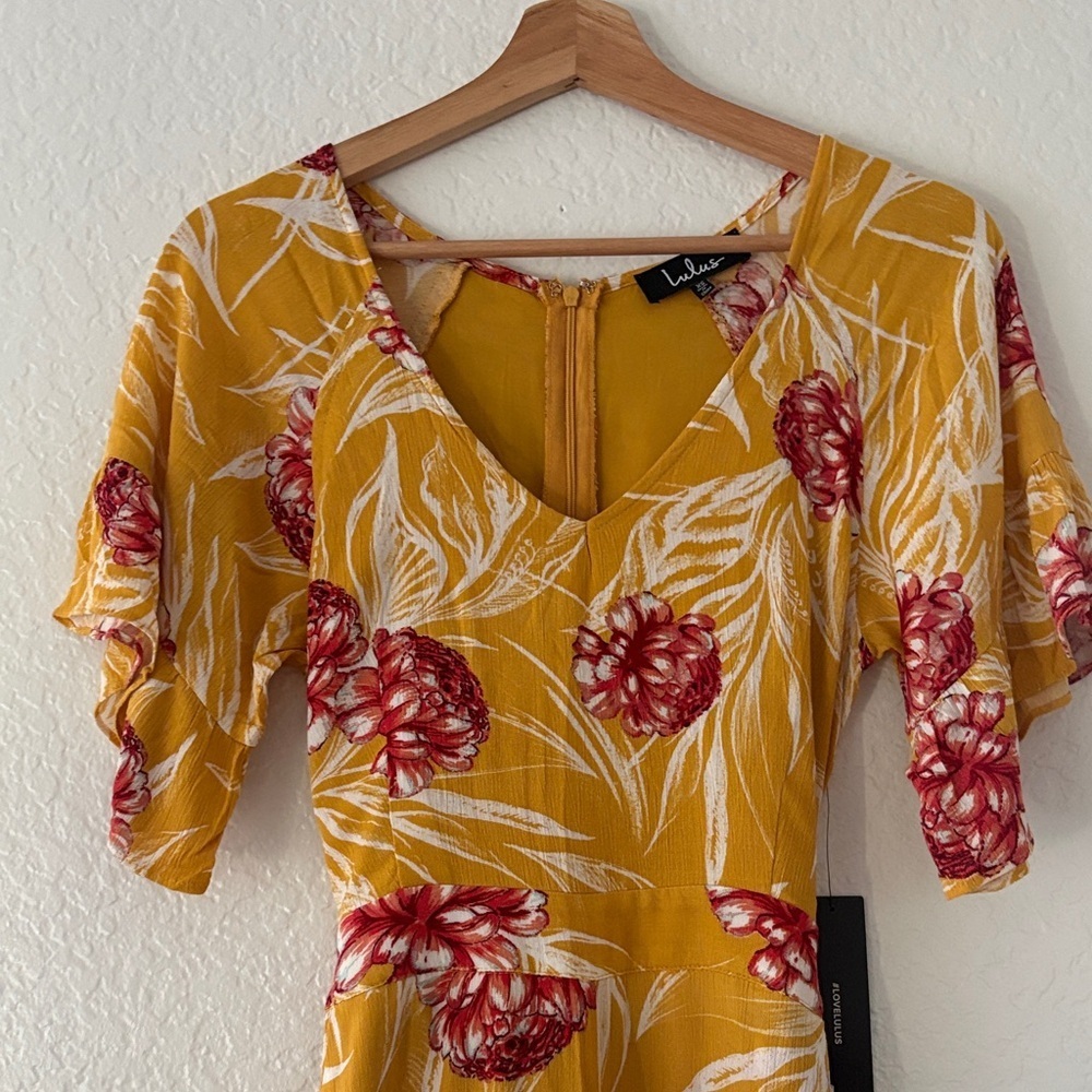 NWT Lulus Garden's Glory Mustard Yellow Floral Print Culotte Jumpsuit - Picture 7 of 16